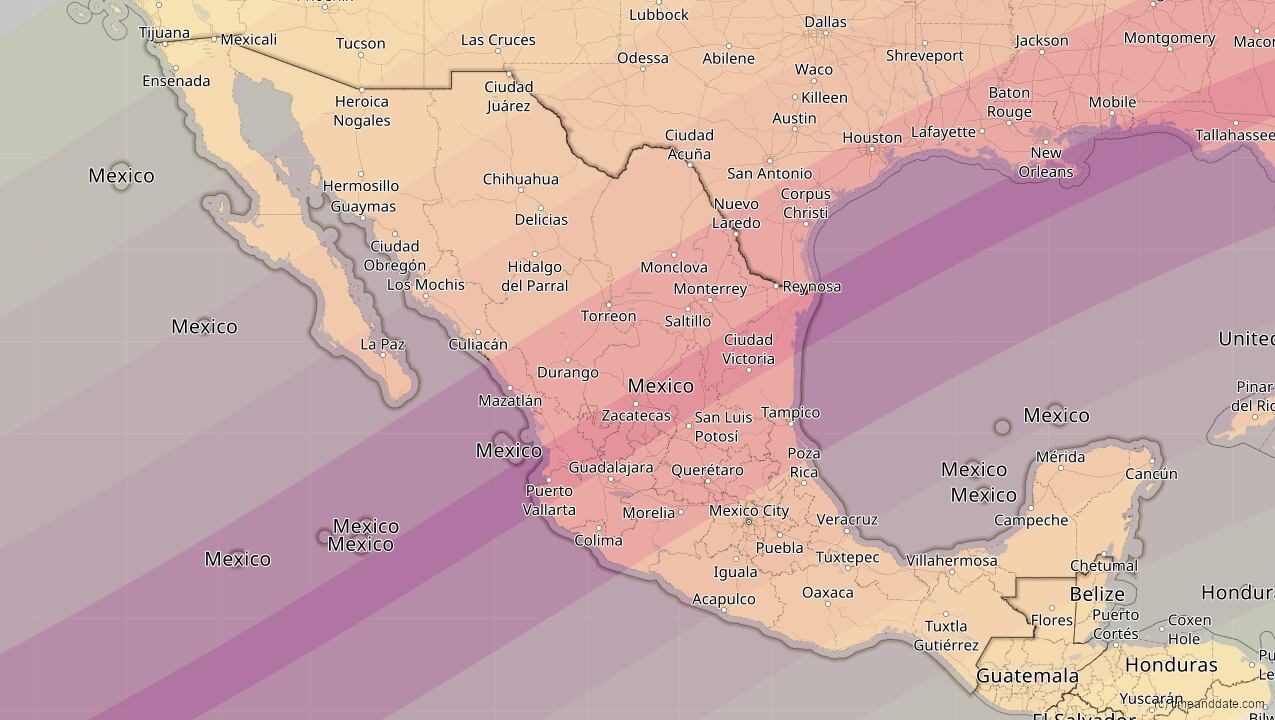 Mapa que muestra el recorrido del eclipse total de sol en el territorio mexicano.