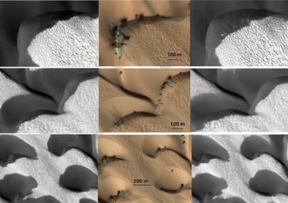 Imágenes en blanco y negro y en color falseado de tres puntos de las dunas septentrionales de Marte en las que se aprecia la erosión a lo largo de un año.