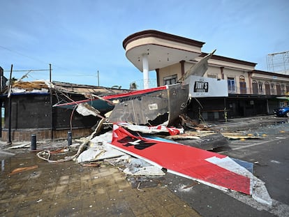 A bar with a patio lays in ruins after the passing of Hurricane Pamela in Mazatlan, Mexico, Wednesday, Oct. 13, 2021. Hurricane Pamela made landfall on Mexico's Pacific coast just north of Mazatlan on Wednesday, bringing high winds and rain to the port city. (AP Photo/Roberto Echeagaray)