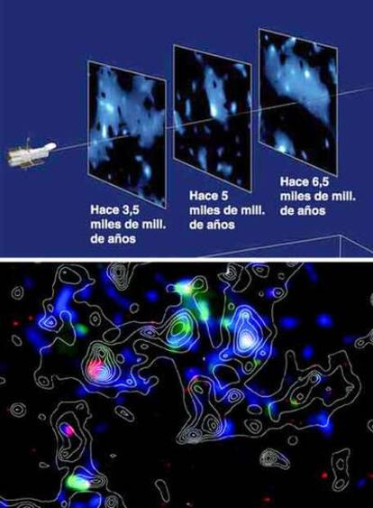 Observaciones del <b><i>Hubble</b></i> y mapa tridimensional de la materia oscura (arriba), y corte con la materia visible y la oscura superpuestas.
/ NASA / ESA