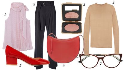 1. Georges Rech Blusa sin mangas 2. Adolfo Domínguez Pantalón con cinturón 3. Victoria Beckham para Estée Lauder Iluminador 4. Cos Jersey con cuello redondo 5. Gianvito Rossi Zapatos con tacón cuadrado 6. Victoria Beckham Bolso bandolera 7. Dior Gafas de lectura.