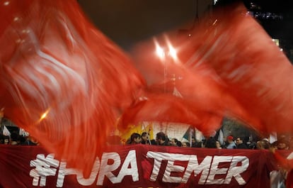 A protester against Brazilian president Temer in Sao Paulo.