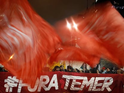 A protester against Brazilian president Temer in Sao Paulo.