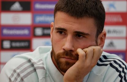 El portero de la selección española, Unai Simón, durante la rueda de prensa en San Petersburgo.