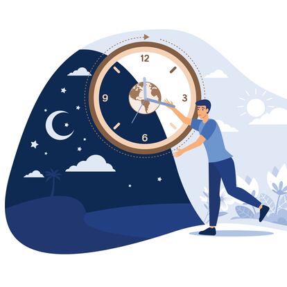 Man moving clock arrows and managing time. Planet, night and day in background. Vector illustration for circadian rhythms, daily routine, morning and evening change, planet movement concept