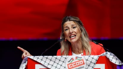 La vicepresidenta segunda del Gobierno, Yolanda Díaz, interviene en el acto de clausura del XIII Congreso Confederal de CC OO, este sábado en Madrid.