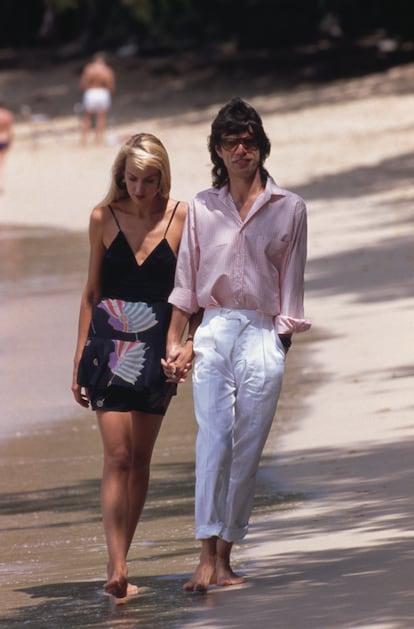 Mick Jagger and Jerry Hall on Mustique on February 18, 1987.