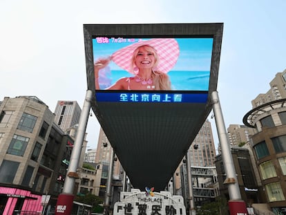 An ad for ‘Barbie’ on a giant screen near a Beijing shopping mall; July 20, 2023.