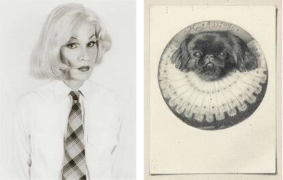 A la izquierda, Andy Warhol con peluca rubia retratado por Christopher Makos (precio estimado de venta 1.400€ - 2.100€). Derecha, Perro pequinés de Michael Leonard (700€ - 930€). |