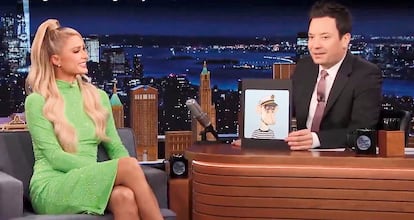 Jimmy Fallon shows off his NFT artwork on 'The Tonight Show,' with guest Paris Hilton.
