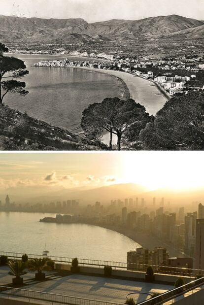 La costa de Benidorm (Alicante), en una imagen de 1965 (arriba) y en la  actualidad.
