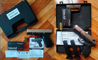 Pistolas turcas de marcas Kuzey y Blow ofrecidas por vendedores en Bogotá en 2020.