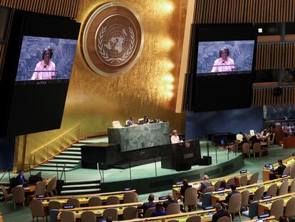 La embajadora de EE UU, Linda Thomas-Greenfield, se dirige este miércoles a la Asamblea General de la ONU.