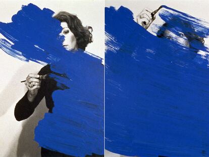 <i>Pintura habitada</i> (1976). Acrílico azul sobre fotografías en blanco y negro.