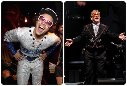 Harry Styles (izquierda) disfrazado del cantante británico Elton John (derecha), el 31 de octubre de 2018.