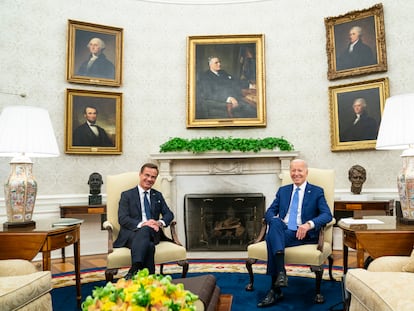 President Joe Biden meets with Swedish Prime Minister Ulf Kristersson in the Oval Office of the White House, Wednesday, July 5, 2023, in Washington.