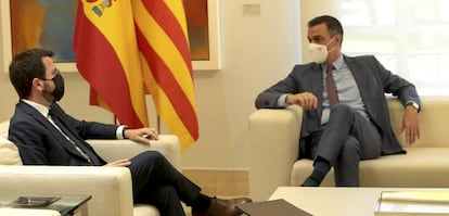 Los presidentes de España y Cataluña, Pedro Sánchez y Pere Aragonès, hoy en La Moncloa.