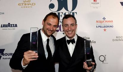 Chef Daniel Humm (l) and Will Guidara, co-proprietors of Eleven Madison Park, after winning the Best Restaurant award.