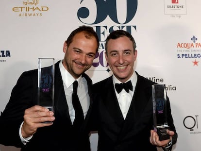 Chef Daniel Humm (l) and Will Guidara, co-proprietors of Eleven Madison Park, after winning the Best Restaurant award.