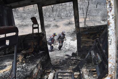 Dos bomberos argelinos caminan junto a un autobús calcinado en la ciudad de el-Kala, este jueves. Cerca de El Tarf, una ciudad de 100.000 habitantes, "un tornado de
fuego se llevó todo en pocos segundos", dijo a la AFP un periodista local.