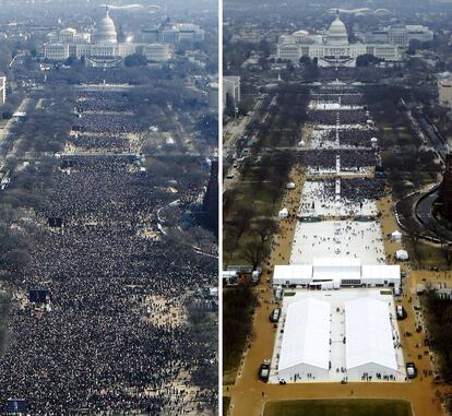 Vista do National Mall na posse de Obama (esq.), em 2009, e de Trump (dir.), em 2017.