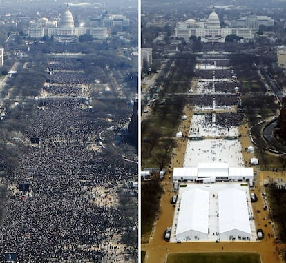 Vista do National Mall na posse de Obama (esq.), em 2009, e de Trump (dir.), em 2017.