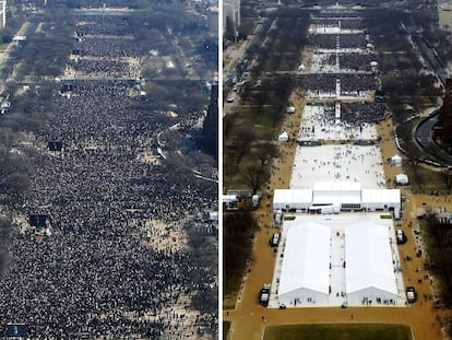 Vista do National Mall na posse de Obama (esq.), em 2009, e de Trump (dir.), em 2017.