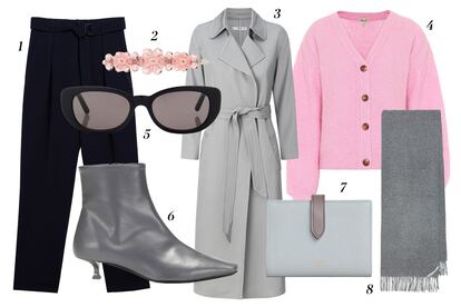 1. Max Mara Pantalón de tiro alto 2. Simone Rocha Horquilla 3. Mango Gabardina 4. Baum und Pferdgarten Cárdigan 5. Saint Laurent Gafas de sol 6. By Far Botines de punta 7. Celine Monedero 8. Acne Studios Bufanda de cashmere.