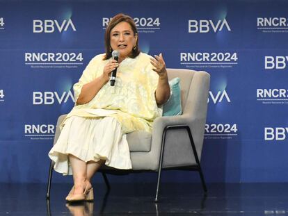 Xóchitl Gálvez durante una reunión con banqueros, este 7 de mayo.