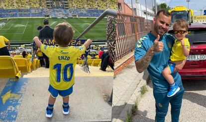 A la izquierda, Enzo, el hijo de Goretti Sánchez, en el estadio de la UD Las Palmas. A la derecha, Izan junto al exfutbolista del club canario Jesé Rodríguez.