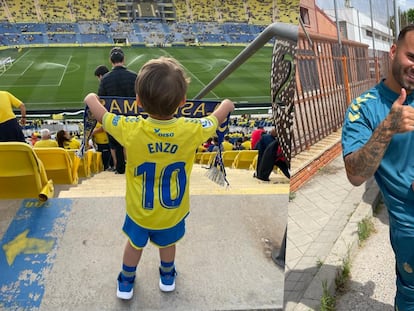 A la izquierda, Izan, el hijo de Goretti Sánchez, en el estadio de la UD Las Palmas. A la derecha, Izan junto al exfutbolista del club canario Jesé Rodríguez.