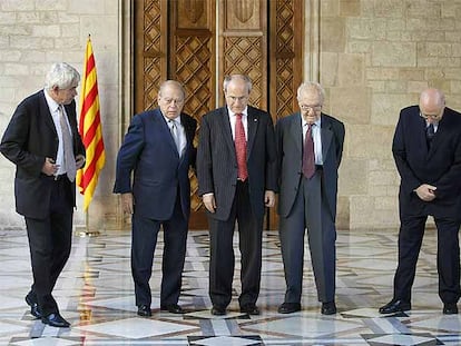 De izquierda a derecha, Pasqual Maragall, Jordi Pujol, José Montilla, Heribert Barrera y Joan Rigol,