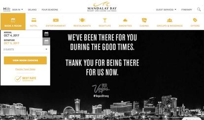 Captura de la portada de la página web del hotel Mandalay Bay en Las Vegas con una nota de agradecimiento a sus clientes.