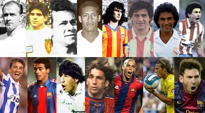 De izquierda a derecha, y de arriba abajo, Di Stéfano, Seminario, Re, Waldo, Kempes, Da Silva, Hugo, Baltazar, Bebeto, Romario, Zamorano, Pizzi, Ronaldo, Forlán y Messi.