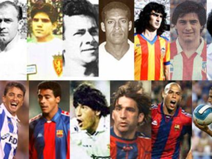 De izquierda a derecha, y de arriba abajo, Di Stéfano, Seminario, Re, Waldo, Kempes, Da Silva, Hugo, Baltazar, Bebeto, Romario, Zamorano, Pizzi, Ronaldo, Forlán y Messi.