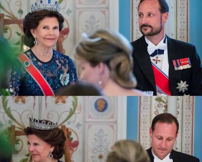 El príncipe Haakon, junto a la reina Silvia, arriba, con barba. Abajo, tras afeitarse.