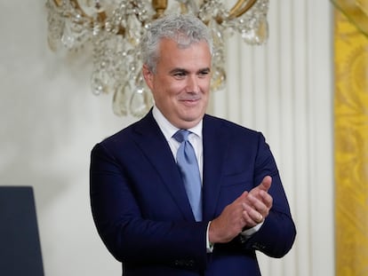 Incoming White House chief of staff Jeff Zients attends an event with President Joe Biden to thank outgoing White House chief of staff Ron Klain, in the East Room of the White House in Washington, Feb. 1, 2023.