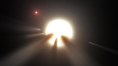 Esta representación artística muestra una estrella detrás de un cometa destrozado, una de las teorías que explicarían el inusual comportamiento de la estrella KIC 8462852.