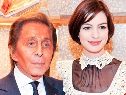 El dise&ntilde;ador Valentino Garavani junto a Anne Hathaway en Nueva York.