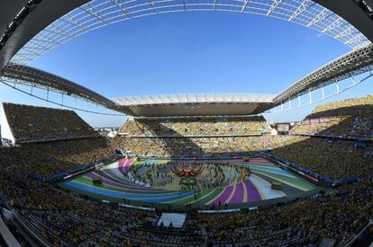 El estadio Arena Corinthians durante la ceremonia inaugural del Mundial FIFA 2014 antes del partido entre Brasil y Croacia.