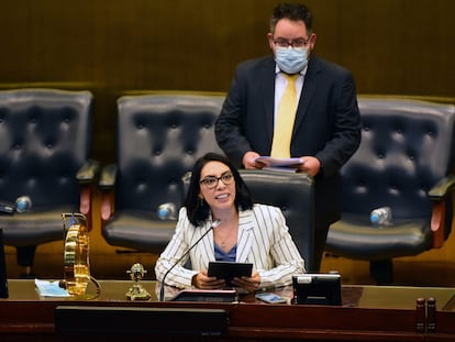 La diputada Suecy Callejas, del oficialista Nuevas Ideas, durante la instalación de la nueva Asamblea Legislativa en El Salvador.