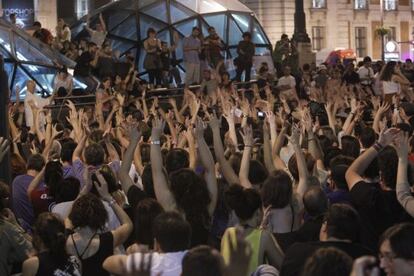 Asamblea del 15-M en la Puerta del Sol, esta noche.