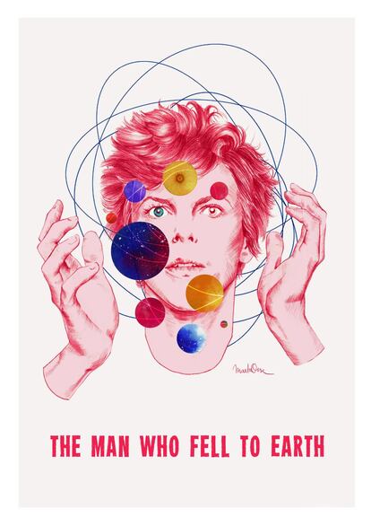 “The man who fell to Earth” es el título de esta ilustración. La frase que aparece en la misma tan siquiera es el título de alguna de sus canciones, sino de una de las películas que protagonizó a finales de los setenta. David Bowie es para mí un visionario del futuro, un artista posmoderno que revolucionó a toda una sociedad, no sólo musicalmente, también a nivel de estética y pensamiento".