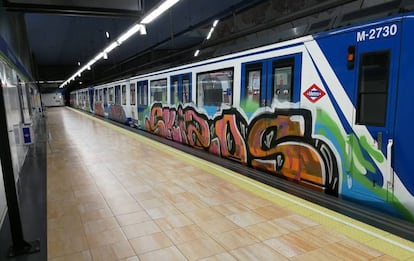 A vandalized train in the Madrid Metro system.