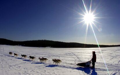 Musher Keith Aili of Ray, Minn., and his sled dog team cross Portage Lake in Portage, Maine, as he leads the ninth annual Can Am Crown 250, Saturday, March 3, 2001.