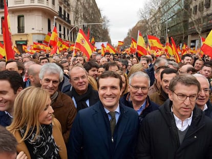 El entonces presidente del PP, Pablo Casado, junto al entonces presidente de la Xunta, Alberto Núñez Feijóo, durante la concentración de la plaza de Colón en Madrid en 2019.