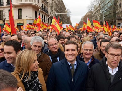 El presidente de la Xunta de Galicia, Alberto Nuñez Feijóo, a la izquierda de la imagen, junto al presidente del PP, Pablo Casado, en la manifestación de febrero de de 2019 en la plaza de Colón de Madrid.