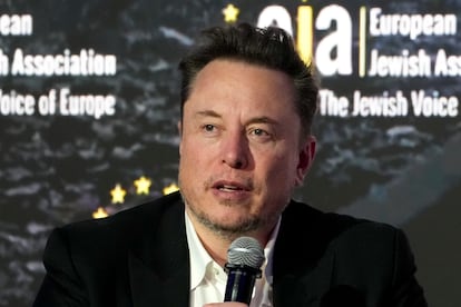 Tesla and SpaceX CEO Elon Musk addresses the European Jewish Association's conference, Jan. 22, 2024, in Krakow, Poland.