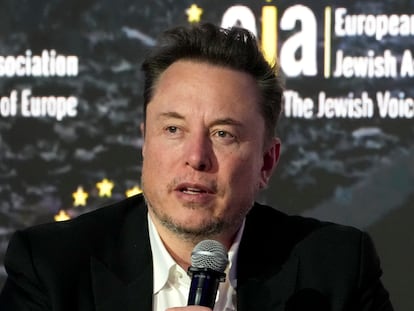 Tesla and SpaceX CEO Elon Musk addresses the European Jewish Association's conference, Jan. 22, 2024, in Krakow, Poland.