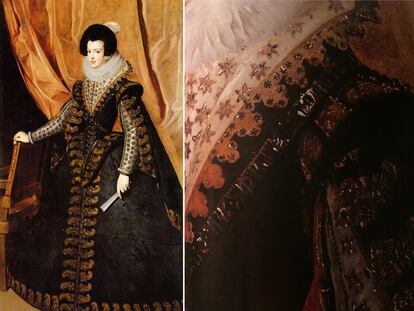 'Retrato de Isabel de Borbón' atribuido a Velázquez y detalle de su vestido, cuya subasta estaba prevista para febrero.